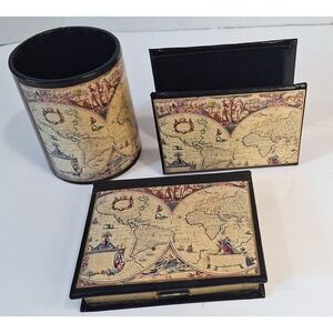 Vintage World Map Desk Accessory Set 3 Piece Pencil Cup Letter Holder Box Black
